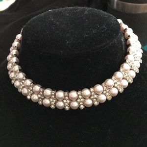 Pearl and rhinestone double row choker-16”